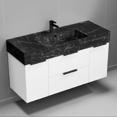 Floating Bathroom Vanity, Modern, 48 inch, Black Marble Style Sink